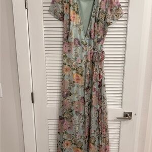 Aakaa Pastel Floral Wrap Maxi Dress in Light Blue and Pink